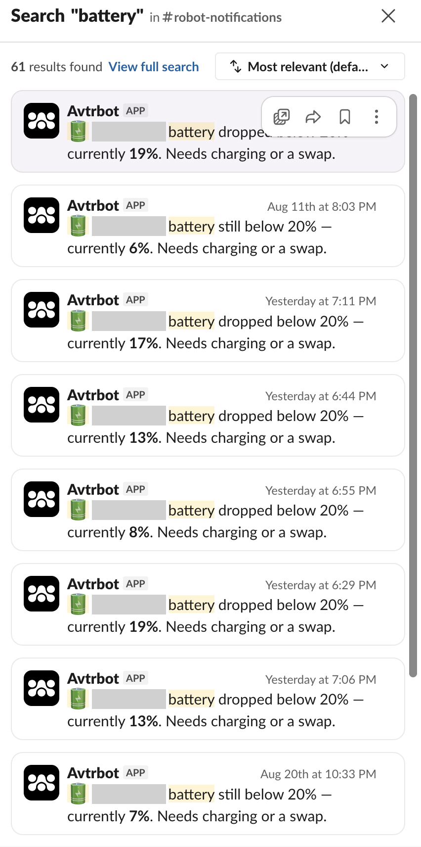 Slack low-battery alerts for robots